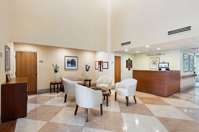 Bright interior lobby with seating area