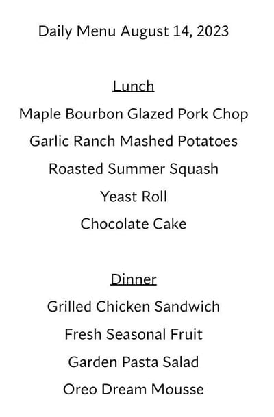 Daily menu listing for meals