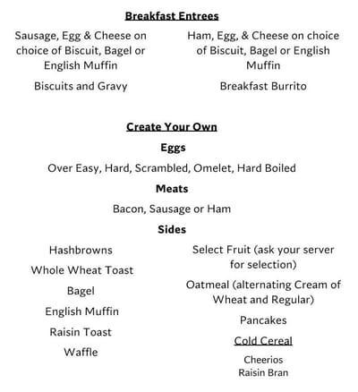 Breakfast menu items including various entrees and sides