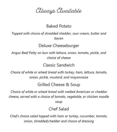 Menu items available in the dining area