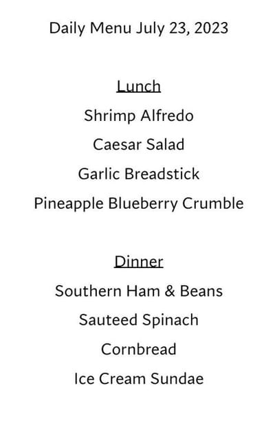 Daily meal menu for Grandwood Assisted Living