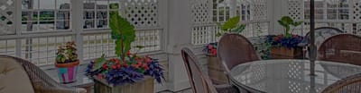 Outdoor seating area with plants and flowers