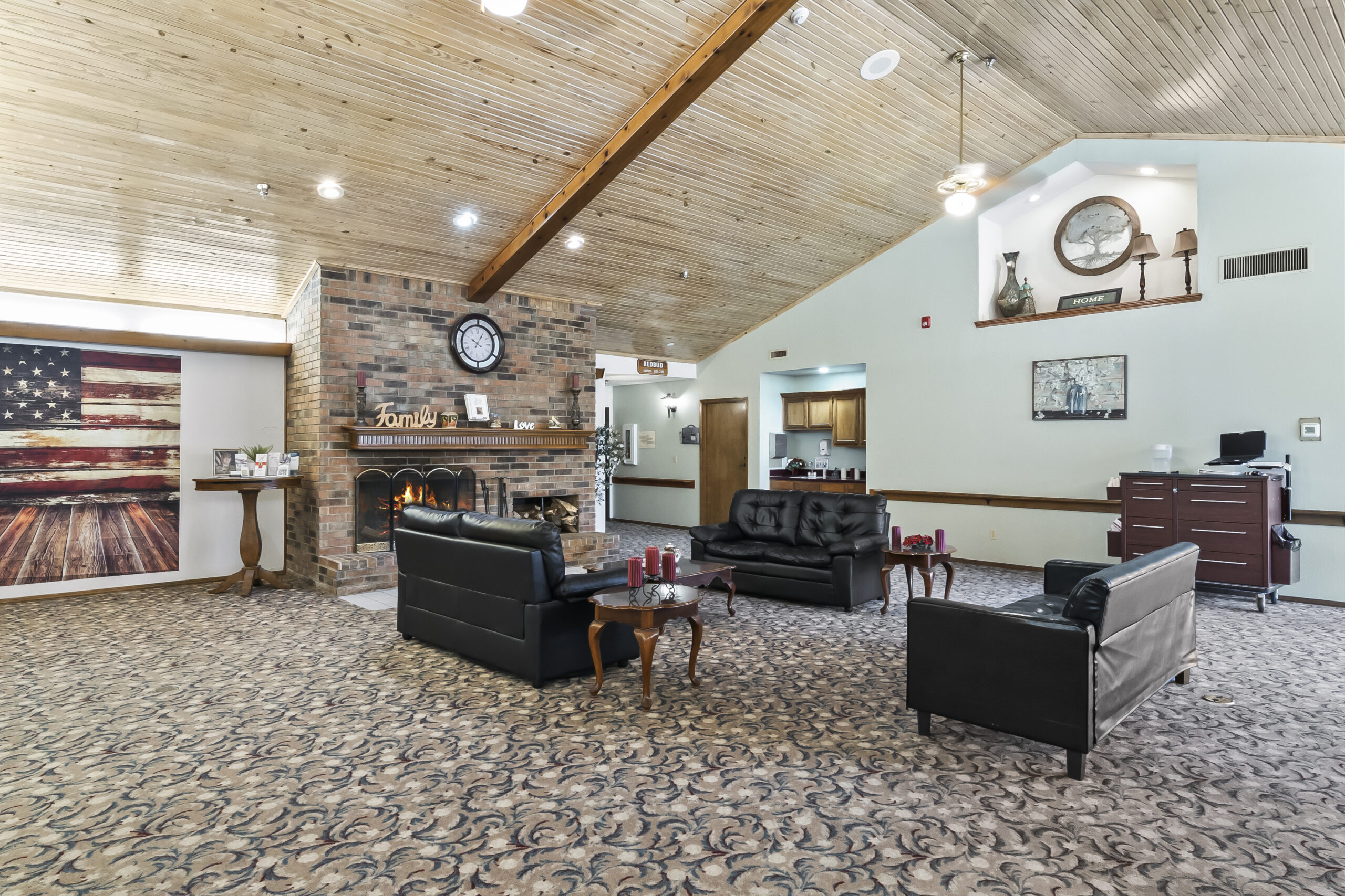 Cozy common area with seating and fireplace