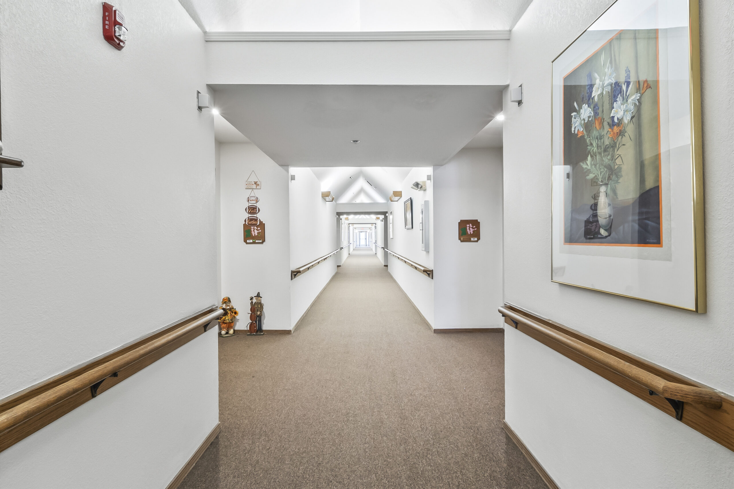 A well-lit corridor with artwork and decorations