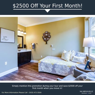 A well-decorated resident room with promotional text