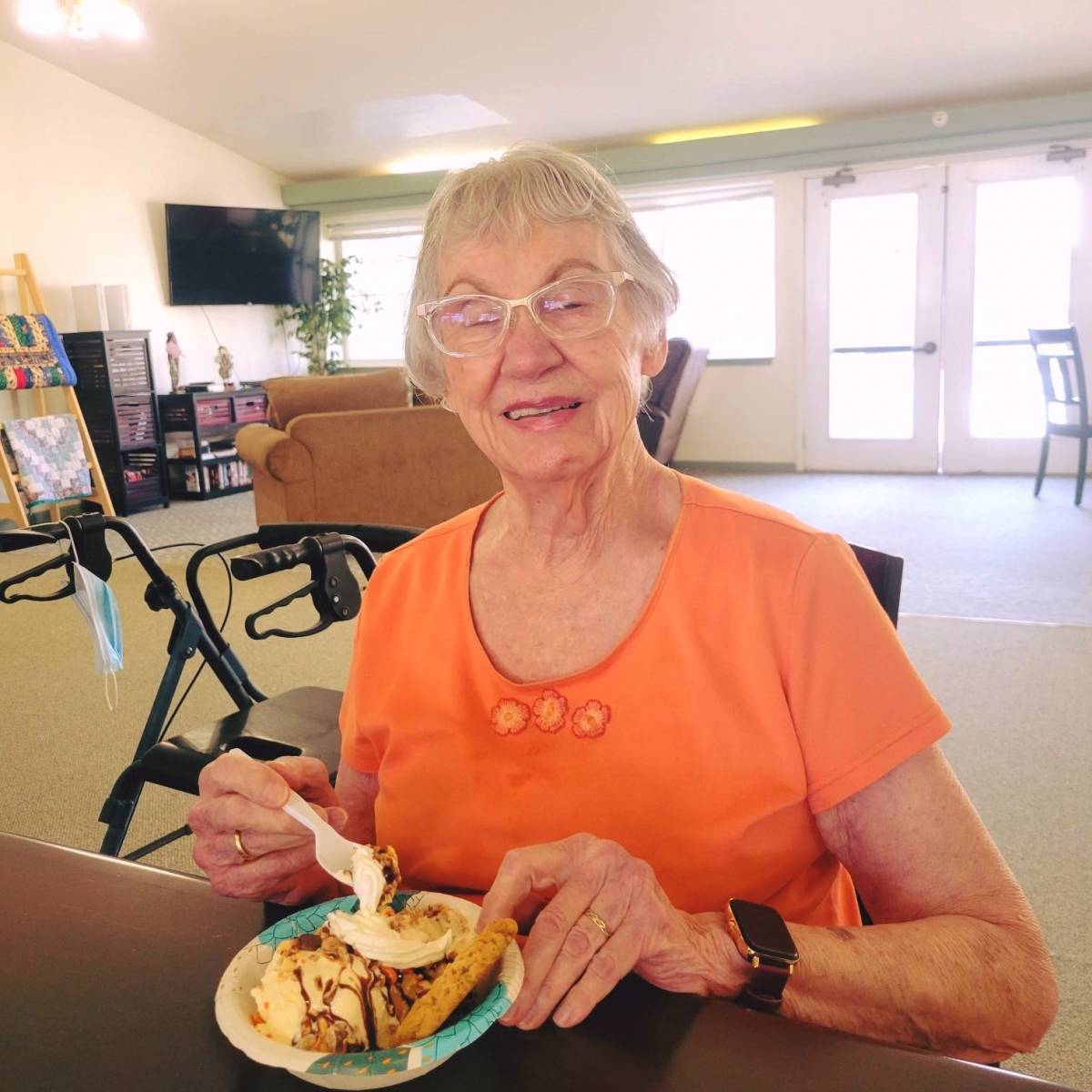 Resident enjoying ice cream in a common area