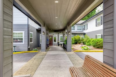 Covered walkway leading to the facility entrance