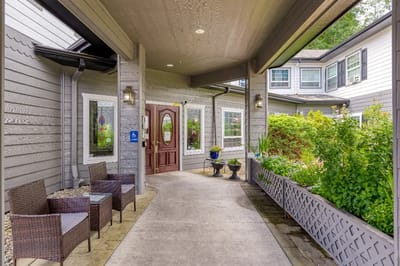 Entrance to the Amber Senior Living facility with garden