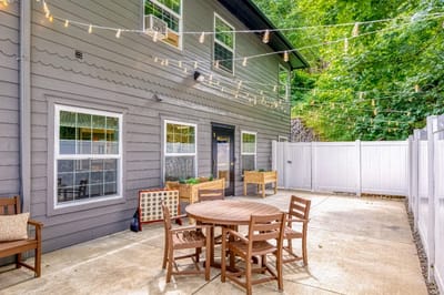 Outdoor seating area with string lights