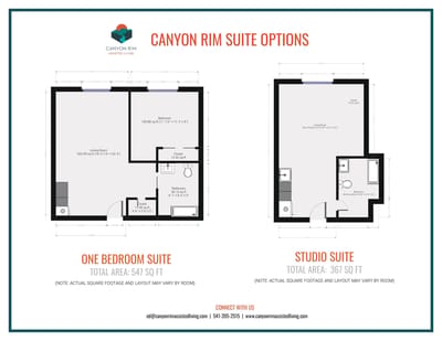 Floor plan layout of one bedroom and studio suite options