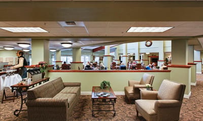 Interior view of a common area with residents