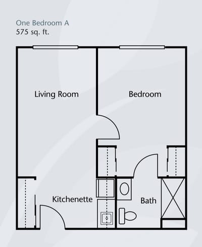 Architectural floor plan of a one-bedroom unit