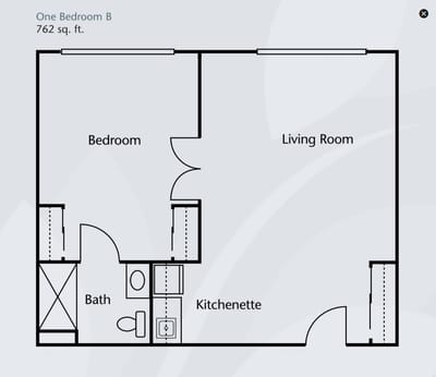 Architectural floor plan of a one-bedroom unit