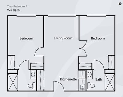 Architectural floor plan of a two-bedroom unit
