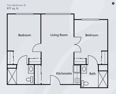Architectural floor plan of a two-bedroom unit