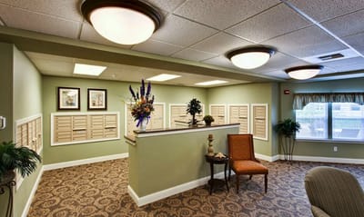Interior view of a common area with decor and mailboxes
