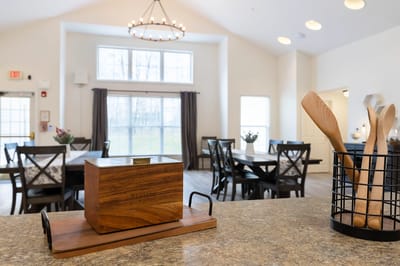 Interior view of a dining area with tables and decor
