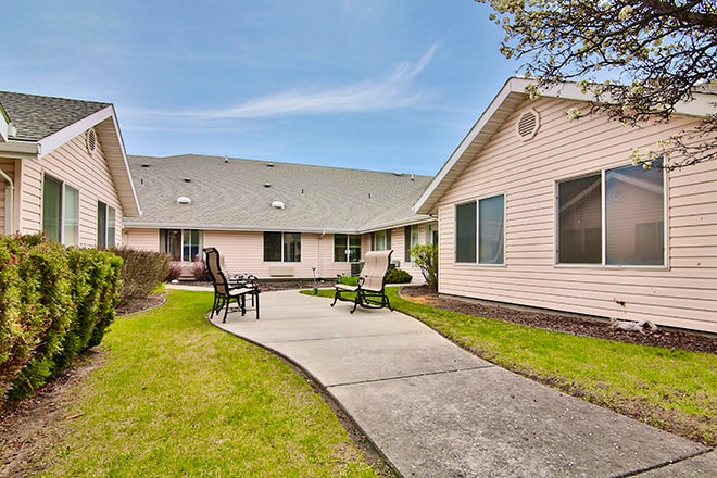 Outdoor courtyard with seating and pathways