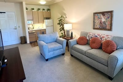 Cozy living area with couch and kitchen view