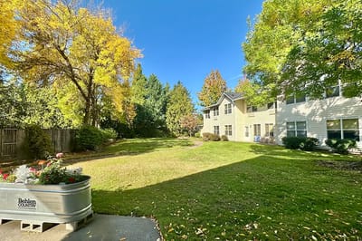 Outdoor area with garden and building exterior