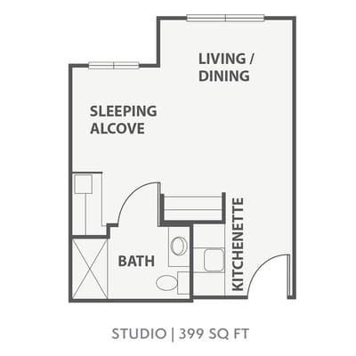 Architectural floor plan of a studio apartment
