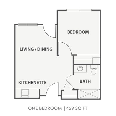 A clear floor plan of a one-bedroom unit