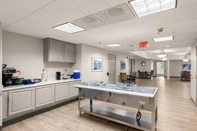 Bright dining area with serving station