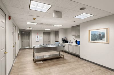 Interior kitchen area with countertop and appliances