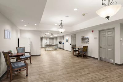 Bright and inviting common area with seating