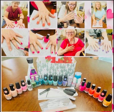 Residents enjoying a nail painting activity in the common area