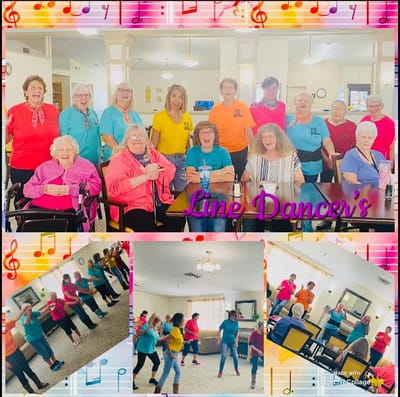 Residents participating in a line dancing activity in a common area