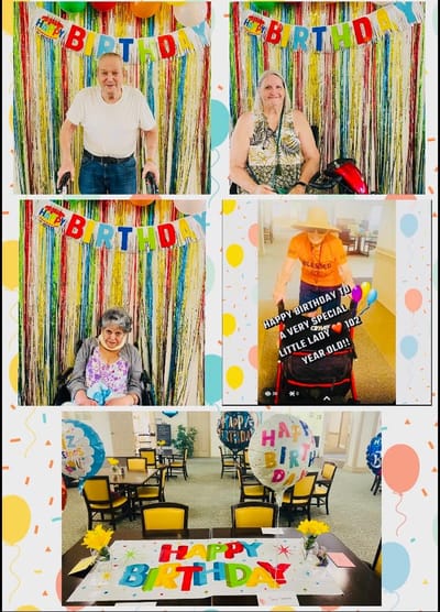 Residents celebrating a birthday party with decorations