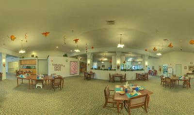 Common area with tables and decorations