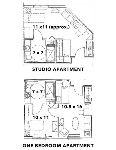 Floor plan of studio and one-bedroom apartments