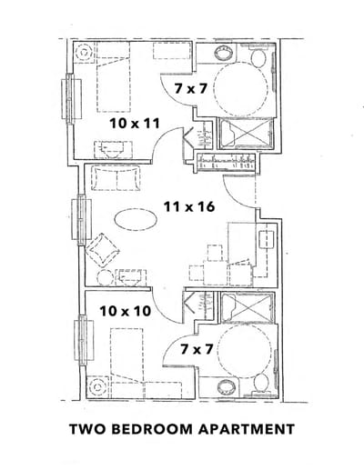 Architectural floor plan of a two-bedroom apartment