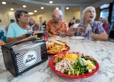 The Village at Lifequest, nursing home in Quakertown, PA — Lunch plate with turkey, salad, and fries in a dining area