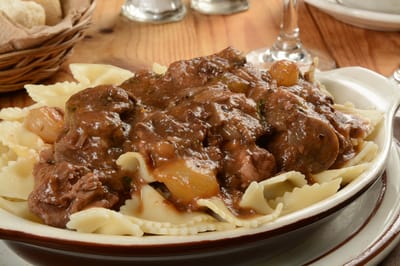 Lehigh Commons, nursing home in Macungie, PA — Pasta dish with beef stew and wide noodles