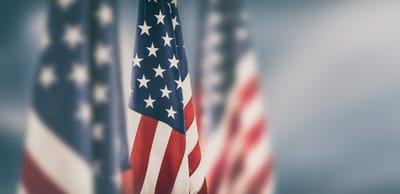 Lehigh Commons, nursing home in Macungie, PA — Multiple American flags waving in the breeze
