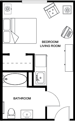 Floor plan of a resident room and living area
