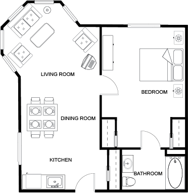 Architectural floor plan of a one-bedroom unit