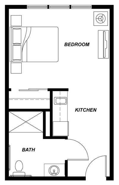 Architectural floor plan of a bedroom and kitchen
