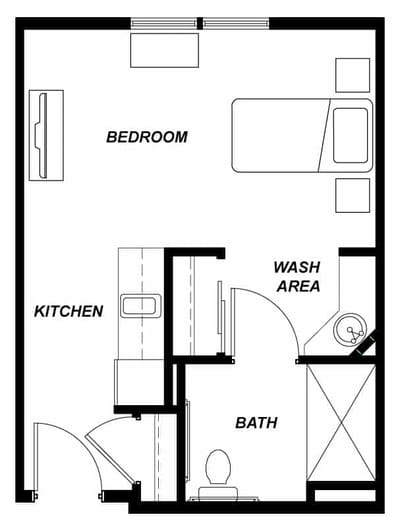 Architectural floor plan of a one-bedroom unit