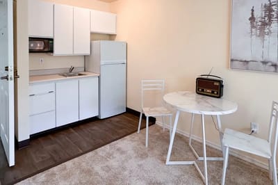 A kitchen area in a resident unit