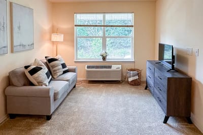 Cozy living area with a sofa and TV
