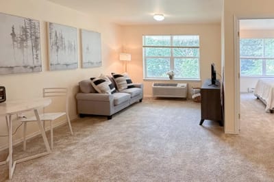 Cozy interior of a resident unit with natural light