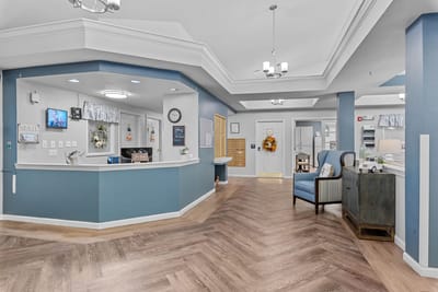 Bright interior common area of a senior living facility
