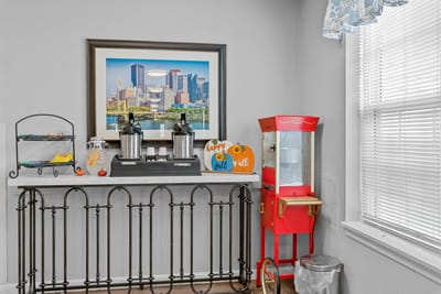 Interior corner with drinks and popcorn machine