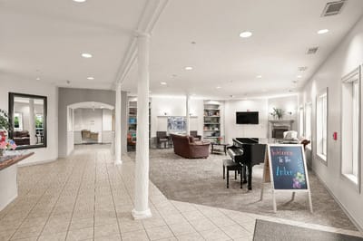 Interior view of a welcoming common area with seating