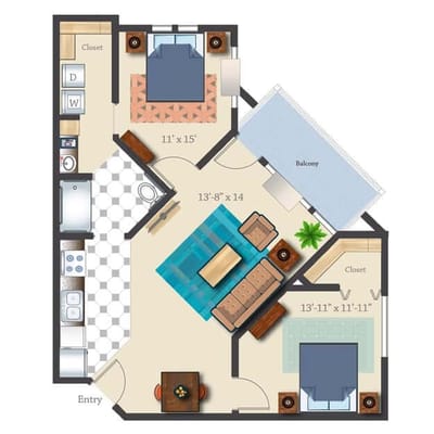 Architectural floor plan of a two-bedroom unit