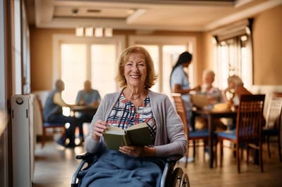Smiling woman in a wheelchair reading a book in a common area